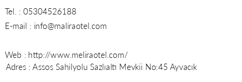 Assos Melira Butik Otel telefon numaralar, faks, e-mail, posta adresi ve iletiim bilgileri